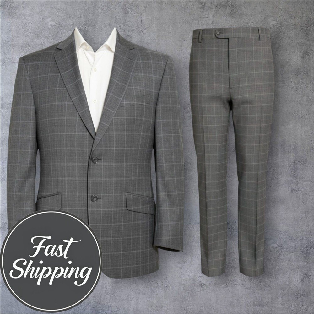 Gray Windowpane Two-Piece Suit Jacket & Pants